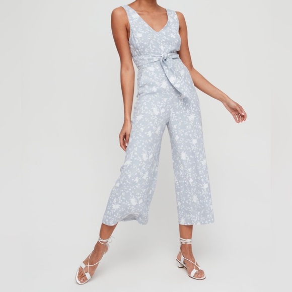 ARITZIA Wilfred Écoulement V Jumpsuit Cutout blue & white floral Womens size 00 - Picture 1 of 16
